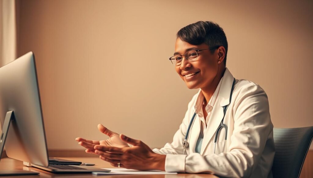 A caring professional sitting at a desk, offering a comforting and reassuring expression. The scene is bathed in warm, soft lighting, creating a serene and welcoming atmosphere. The professional's attentive posture and gentle demeanor convey a sense of understanding and expertise, ready to provide the guidance and support needed. The background is a neutral, calming space, allowing the focus to remain on the interaction between the professional and the individual seeking help. The overall composition and mood aim to instill a sense of trust, empathy, and the promise of positive outcomes.