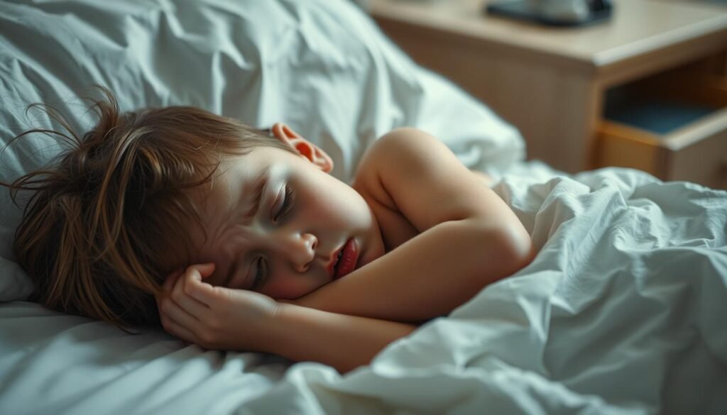 A child sleeping restlessly, tossing and turning, their face slightly flushed and brow furrowed. Soft, diffused lighting casts gentle shadows, creating a sense of unease. The bedsheets are rumpled, hinting at the child's struggle for comfort. In the background, a nightstand with a partially open drawer, suggesting disrupted sleep patterns. The composition is framed tightly, focusing the viewer's attention on the child's distressed expression and body language, conveying the signs of sleep disturbance.
