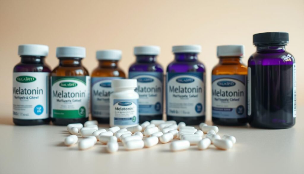 A close-up photo of a set of various melatonin supplement bottles and pills, arranged neatly on a clean, neutral-colored background. The lighting is soft and diffused, creating a calming, natural atmosphere. The supplements are in focus, their labels and packaging clearly visible, showcasing the different shapes, sizes, and colors of the melatonin products. The overall composition is visually appealing, highlighting the melatonin supplements in a way that would be suitable for an informative article about using melatonin to monitor children's sleep.