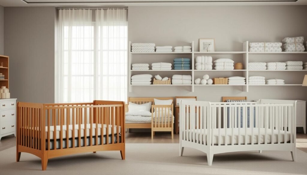 A comparison of prices for cribs and children's beds. A spacious, well-lit room with a neutral color scheme. In the foreground, two stylish cribs in different finishes - wood and white - positioned side by side. In the middle ground, a row of children's beds in various sizes, materials, and designs, from classic wooden frames to modern, minimalist styles. The background features shelves displaying an assortment of infant and toddler bedding, including soft, cozy comforters and plush pillows. The overall scene conveys a sense of calmness and thoughtful consideration of the options available for creating a comfortable, safe sleep environment for growing children.