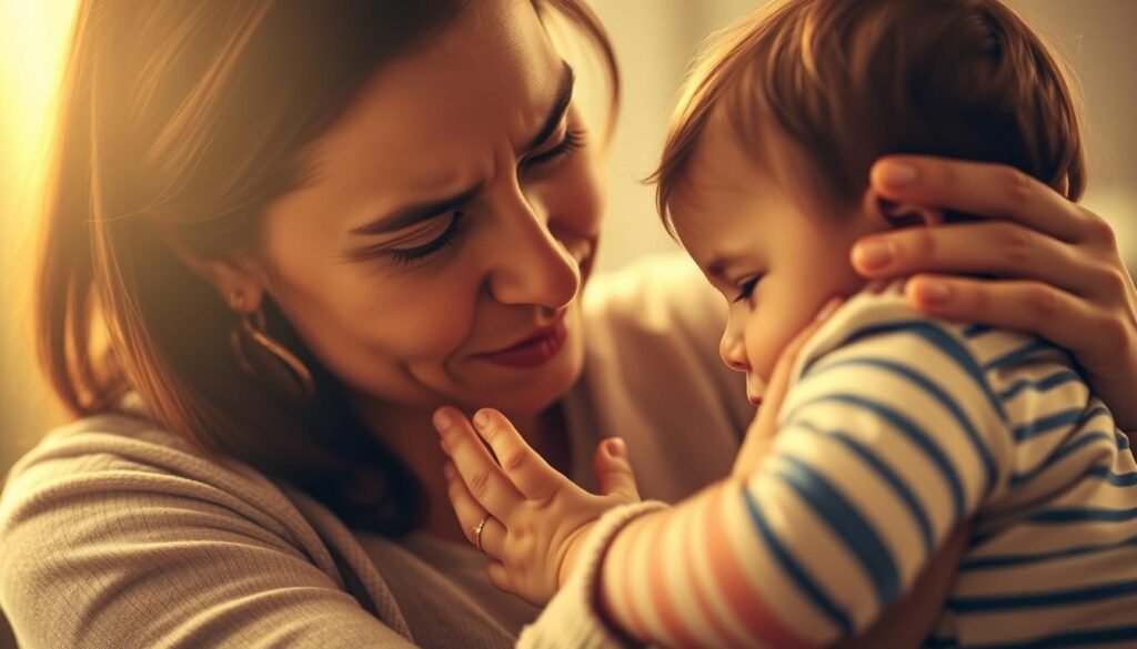 A concerned parent tenderly embracing their child, hands gently cradling the little one's face as they gaze with a mix of empathy and worry. The warm, golden-hued lighting casts a soft, comforting glow, heightening the emotional connection. The parent's expression conveys the emotional impact of their child's teething, a blend of parental love, concern, and the desire to soothe the discomfort. The background is blurred, keeping the focus on the intimate moment between parent and child. The composition is tight, creating an intimate, almost intimate portrait-like feel, capturing the emotional essence of the "Impacto emocional da dentição nos pais" experience.