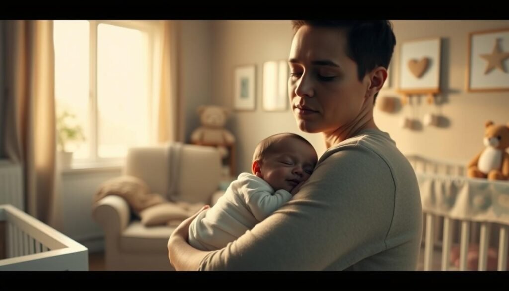 A cozy and serene nursery setting, with a warm, soft lighting filtering through a window. In the foreground, a newborn baby is nestled in the crook of a parent's arm, their eyes closed peacefully as they drift off to sleep. The parent's face is calm and attentive, conveying a sense of comfort and security. The middle ground features a plush rocking chair and a selection of soothing, natural-toned toys and textiles, creating an inviting and nurturing atmosphere. In the background, the room is adorned with subtle, minimalist decor, allowing the focus to remain on the intimate moment between the parent and child, reflecting the effectiveness of the 'colo' method in promoting restful sleep.