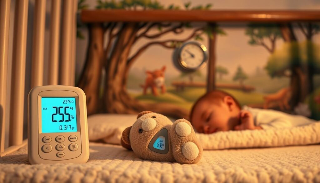 A cozy baby's nursery, soft lighting illuminating a variety of temperature indicators. In the foreground, a digital thermometer displays the current room temperature. Nearby, a stuffed animal with a thermometer embedded in its paw rests on a plush blanket. In the middle ground, a wall-mounted hygrometer showcases humidity levels alongside an analog thermometer. The background features a soothing mural depicting a serene woodland scene, creating a calming, nurturing atmosphere for the sleeping infant.