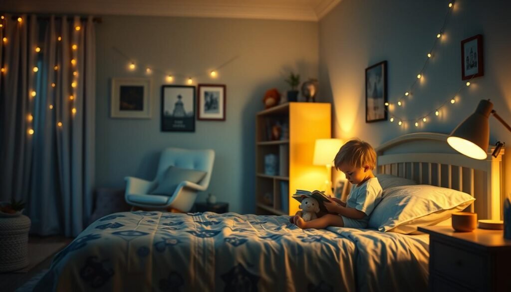 A cozy bedroom scene, warm ambient lighting illuminating a child's nighttime routine. In the foreground, a child sits on the edge of their bed, engaged in calming activities like reading a storybook or playing with plush toys. The middle ground features a soothing color palette of soft blues and greens, with a nightlight or string lights casting a gentle glow. In the background, subtle details like a rocking chair, a bookshelf, or family photos create a comforting, familiar atmosphere. The overall mood is one of tranquility and relaxation, setting the stage for a peaceful transition into sleep.
