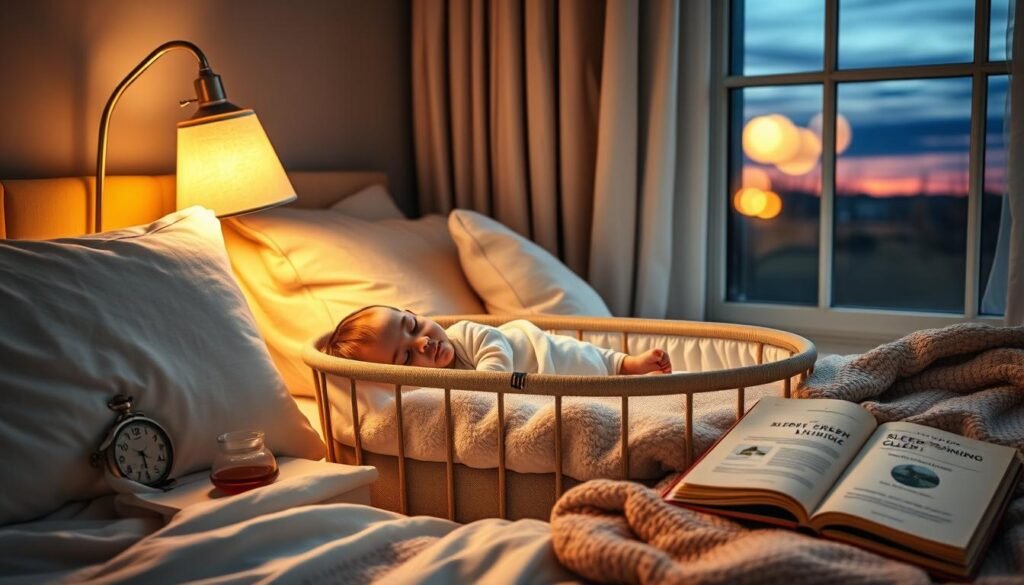 A cozy bedroom scene with a sleeping infant peacefully resting in a bassinet, surrounded by soothing elements to ease the transition to sleep. Soft, warm lighting emanates from a table lamp, casting a gentle glow. Plush pillows and a cozy blanket in calming neutral tones create a serene atmosphere. On the nightstand, a pocket watch, a cup of herbal tea, and a book on sleep training rest, suggesting practical tips for a smooth sleep routine. Through the window, a twilight sky fades into dusk, signaling the arrival of restful slumber.