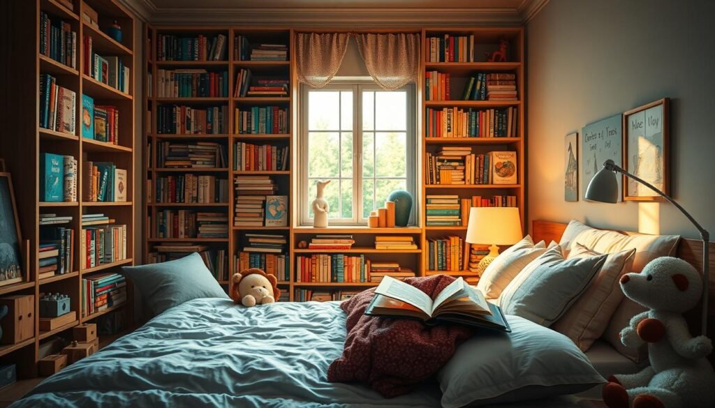 A cozy children's bedroom with a large bookshelf filled with interactive storybooks. The books have colorful, textured covers and pop-up pages that jump out, inviting young readers to explore. Soft, natural lighting from a window illuminates the scene, casting a warm, dreamlike glow. Plush pillows and a comfortable reading nook encourage kids to snuggle up and dive into the enchanting tales. Wooden blocks, stuffed animals, and other playful elements add to the whimsical atmosphere, creating an immersive, tactile reading experience.
