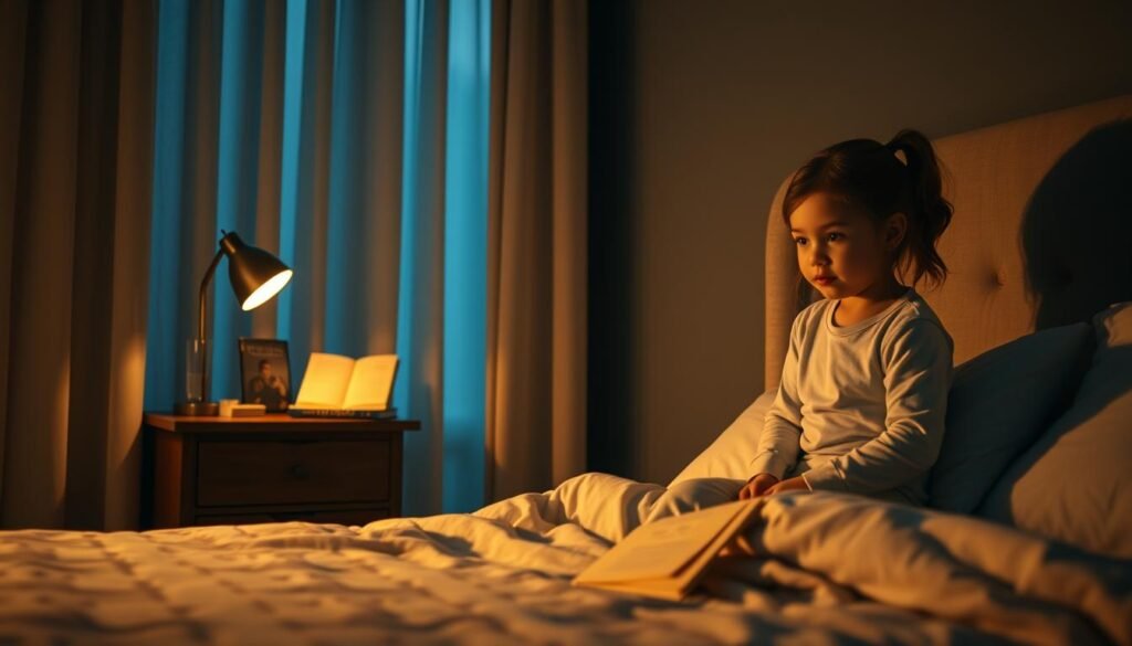 A cozy, dimly lit bedroom scene showcasing the nightly sleep routine of a child. In the foreground, a young girl in pajamas sits on the edge of a plush bed, her expression serene as she prepares for slumber. The middle ground features a nightstand with a gentle reading lamp, a glass of water, and a storybook, hinting at the calming pre-bedtime activities. In the background, soft curtains sway gently, creating a sense of tranquility. The lighting is warm and inviting, casting a golden glow that envelops the scene. The camera angle is slightly elevated, capturing the intimate, comforting atmosphere of a parent-guided sleep routine.