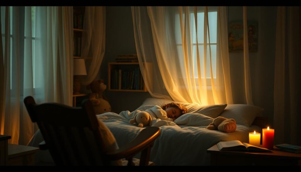 A cozy, dimly lit bedroom scene with a child sleeping peacefully in a bed, surrounded by plush toys and storybooks. Soft, warm lighting filters in through sheer curtains, casting a dreamlike glow. In the foreground, a wooden rocking chair and a side table with a lit candle create a comforting, nurturing atmosphere. The background features bookshelves filled with colorful children's books, hinting at the wondrous "histórias para dormir" that can transport the child to magical realms. The overall mood is tranquil, soothing, and conducive to a restful slumber.