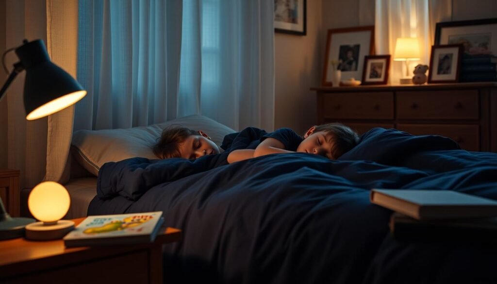 A cozy, dimly lit bedroom with a young child sleeping peacefully on a plush, navy blue comforter. Soft, warm lighting filters through sheer white curtains, casting a gentle glow over the scene. In the foreground, a bedside table holds a lamp and a stack of children's books, hinting at the child's imaginative world. The background features a wooden dresser with framed family photos, suggesting a nurturing, familiar environment. The overall mood is one of tranquility and comfort, capturing the challenges of childhood sleep in the digital age.