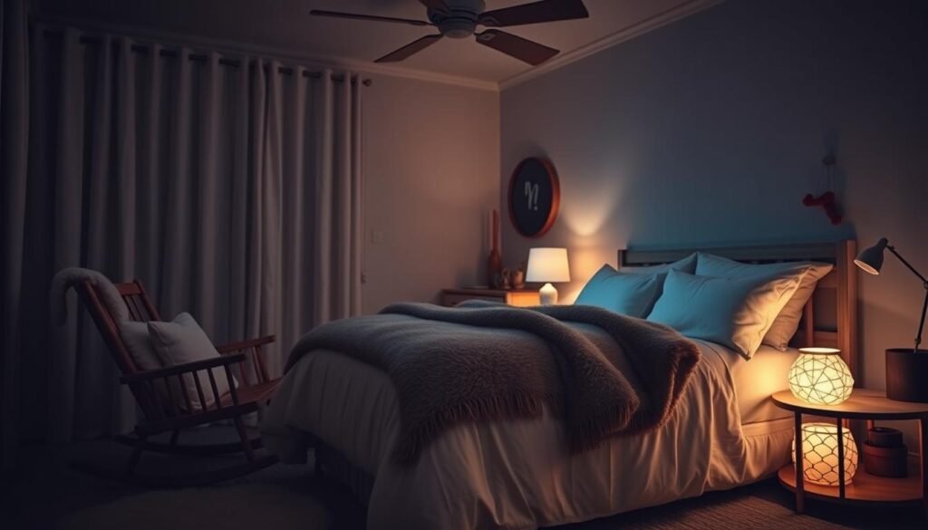 A cozy, dimly lit bedroom with soft, ambient lighting that sets a serene, sleep-inducing atmosphere. A plush, inviting bed with crisp, white linens and a warm, weighted blanket nestled among fluffy pillows. In the corner, a wooden rocking chair with a cozy sheepskin throw, perfect for soothing a restless infant. Atmospheric details like a slowly spinning ceiling fan, the gentle glow of a salt lamp, and the faint silhouette of a mobile casting playful shadows on the walls. The overall scene conveys a calming, tranquil environment that would promote a peaceful slumber for both baby and parent.