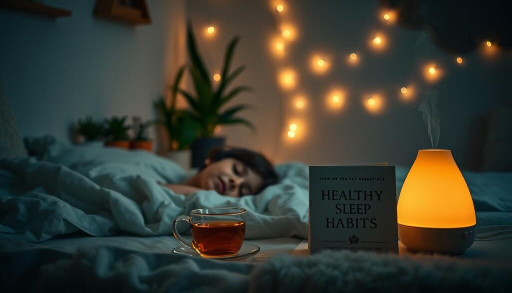 A cozy, dimly lit bedroom with soft, warm lighting casting a gentle glow. In the foreground, a young child is fast asleep, tucked cozily into soft bedding, with a serene expression on their face. On the bedside table, a cup of herbal tea and a book on healthy sleep habits. In the middle ground, a diffuser emits soothing essential oils, promoting relaxation. The background features calming, nature-inspired decor such as potted plants, a string of fairy lights, and a plush rug, creating an atmosphere of tranquility and comfort. The scene conveys a sense of restfulness and well-being, perfectly illustrating tips for improving a child's sleep quality at home.