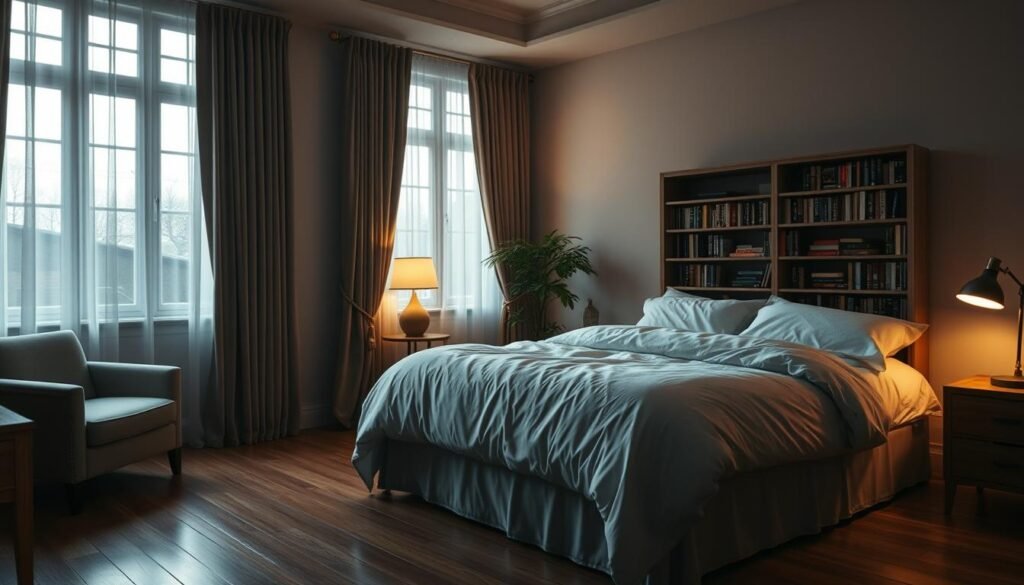 A cozy, dimly lit bedroom with soft, warm lighting. A plush, inviting queen-sized bed draped in high-quality linens and a fluffy duvet. Beside the bed, a small nightstand with a gentle table lamp, emitting a calming glow. In the corner, a comfortable armchair and a floor-to-ceiling bookshelf, creating a reading nook. The walls are painted in a soothing, neutral color palette, and the flooring is a warm, hardwood. Large windows allow natural light to filter in, but thick curtains can be drawn for optimal darkness. The atmosphere is tranquil and serene, inviting a peaceful night's sleep.