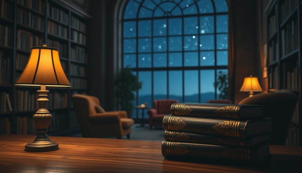A cozy, dimly lit library with shelves of beautifully bound books lining the walls. In the foreground, a stack of hardcover books with ornate gold-embossed covers sits on a wooden table, illuminated by a soft, warm lamp. In the middle ground, armchairs with plush velvet upholstery invite readers to curl up and lose themselves in the pages. The background features large windows overlooking a serene, starry night sky, casting a peaceful, contemplative atmosphere. The overall scene evokes a sense of wonder, comfort, and the joy of discovering new literary worlds.