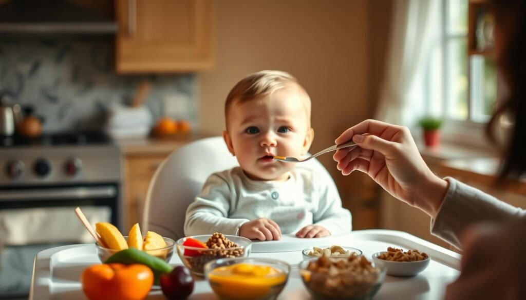 A cozy kitchen scene with a baby sitting in a high chair, eagerly awaiting their meal. Soft, natural lighting filters through the window, casting a warm glow on the baby's face. The table is set with a colorful array of healthy baby foods - pureed fruits, vegetables, and grains. A loving parent carefully spoons the food into the baby's mouth, their expressions filled with care and attentiveness. The background blurs gently, allowing the focus to remain on the tender mealtime routine. The atmosphere is calm, nurturing, and reflects the importance of establishing a consistent, enjoyable feeding schedule for the baby's optimal rest and development.
