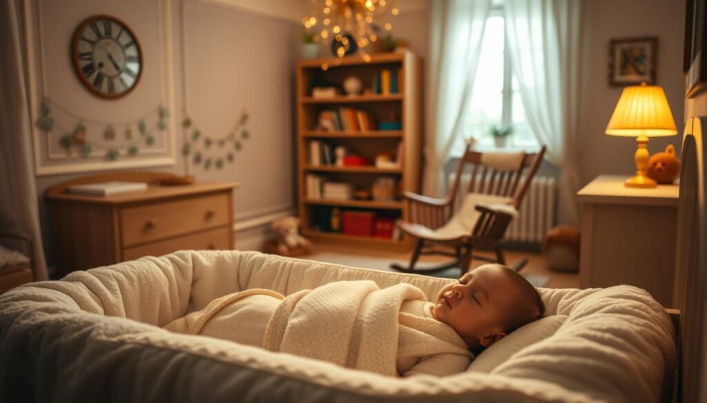 A cozy nursery filled with soothing ambiance. In the foreground, a baby lies peacefully in a plush crib, swaddled in a soft blanket. Gentle lamps cast a warm, golden glow, creating a tranquil atmosphere. In the middle ground, a rocking chair invites a parent to sit and rock the child to sleep, while a bookshelf in the background suggests the presence of comforting bedtime stories. Calming pastel colors and natural textures, such as wood and soft fabrics, evoke a sense of comfort and relaxation. The scene conveys a serene, nurturing environment that encourages a peaceful, restful sleep for the baby.