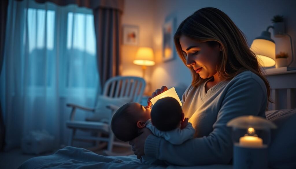 A cozy nursery scene at twilight, with a mother gently bottle-feeding her sleeping infant. The soft, warm glow of a nightlight illuminates the tranquil moment, casting a soothing ambiance. In the background, a rocking chair and a selection of alternative feeding accessories, such as a breast pump and a bottle warmer, suggest the various options available for nighttime feedings. The overall atmosphere conveys a sense of comfort, flexibility, and the nurturing bond between parent and child, even when alternatives to breastfeeding are necessary.