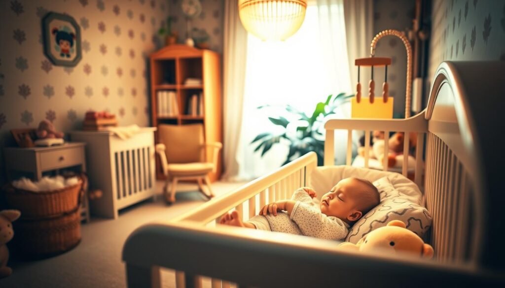 A cozy nursery scene, bathed in soft, warm lighting. In the foreground, a sleeping infant rests peacefully in a crib, surrounded by plush toys and a gentle mobile. The middle ground features a rocking chair and a bookshelf, conveying a sense of routine and consistency. In the background, subtle patterns on the walls and a lush, calming plant create a harmonious, tranquil atmosphere. The overall scene evokes a comforting, structured environment that supports the healthy development of the baby's sleep cycle.