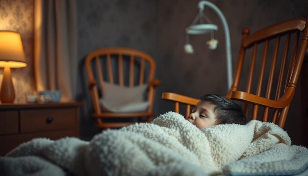 A cozy nursery scene, dimly lit with warm ambient lighting. In the foreground, a toddler snuggled in a soft, plush blanket, drifting off to sleep peacefully. Nearby, a wooden rocking chair gently sways, inviting the viewer to settle in and share the tranquil moment. In the middle ground, a soothing mobile casts gentle shadows, lulling the child into a restful slumber. The background features a soft, neutral-toned wallpaper, complementing the serene atmosphere. The overall mood is one of comfort, security, and the gentle rhythm of a well-established bedtime routine.
