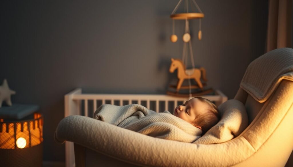 A cozy nursery scene with a serene, dimly lit atmosphere. In the foreground, a sleeping baby is nestled in a plush rocking chair, swaddled in a soft, neutral-toned blanket. Ambient lighting from a table lamp casts a warm, golden glow, creating a peaceful, tranquil ambiance. In the middle ground, a wooden rocking horse and a mobile with delicate, spinning shapes hang from the ceiling, hinting at the child's dreamworld. The background features subtle, muted hues of grey and blue, evoking the stillness of a quiet night. The overall composition conveys a sense of comfort, security, and restful slumber.