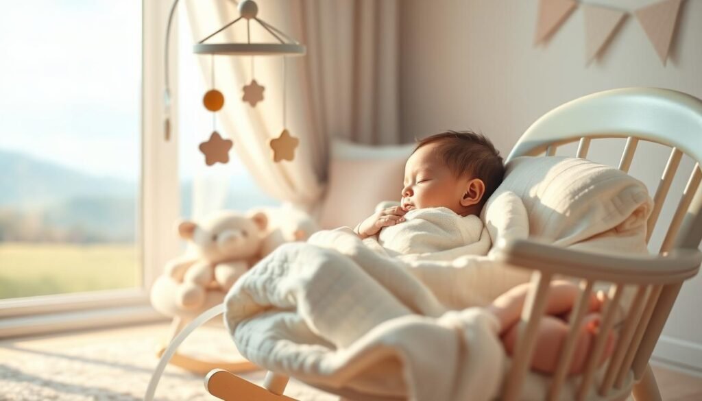 A cozy nursery scene with a sleeping baby swaddled in a soft blanket, surrounded by soothing pastel hues and gentle lighting. In the foreground, a mobile with calming shapes and colors gently spins, casting warm shadows. Plush toys and a rocking chair create a comforting atmosphere, inviting relaxation. The background features a tranquil landscape through a window, with a subtle gradient of soft blues and greens, conveying a sense of peace and serenity. High-quality, photorealistic rendering with a shallow depth of field, capturing the intimate and nurturing environment ideal for a baby's restful sleep.