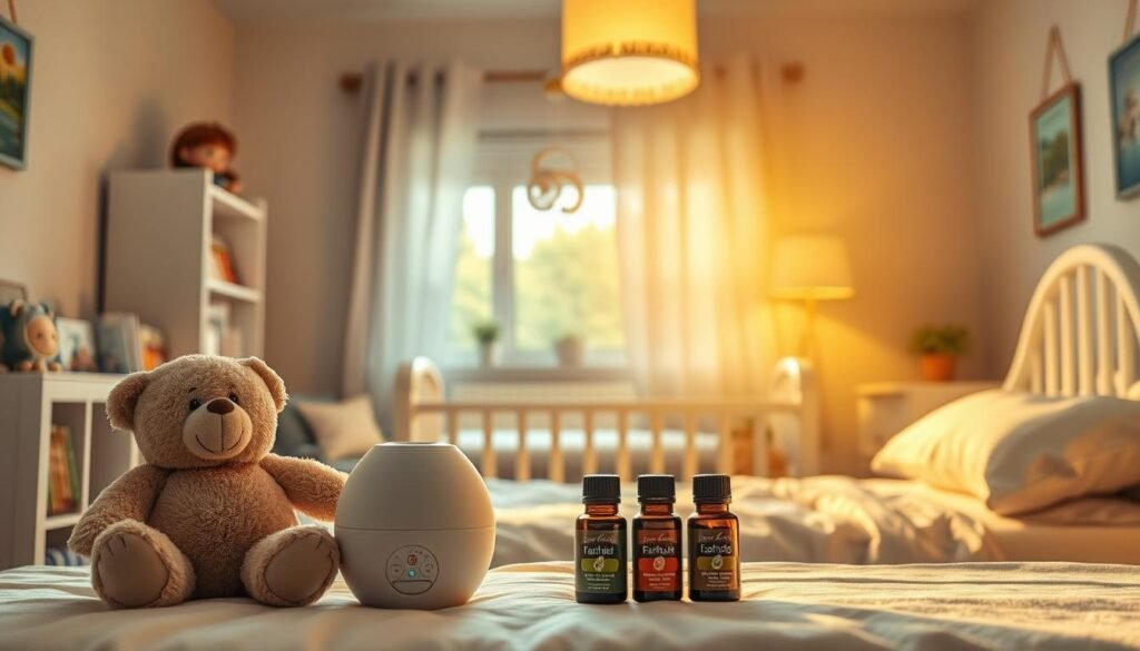 A cozy nursery setting, softly lit by a warm overhead lamp. In the foreground, various sleep-inducing objects are arranged - a plush teddy bear, a soothing white noise machine, and a set of calming essential oils. In the middle ground, a child's bed with crisp white linens and a mobile dangling overhead, casting gentle shadows. The background features a bookshelf filled with children's stories, a rocking chair, and a window overlooking a peaceful, nature-filled scene. The overall atmosphere is one of tranquility and comfort, inviting the viewer to imagine a restful and restorative sleep.