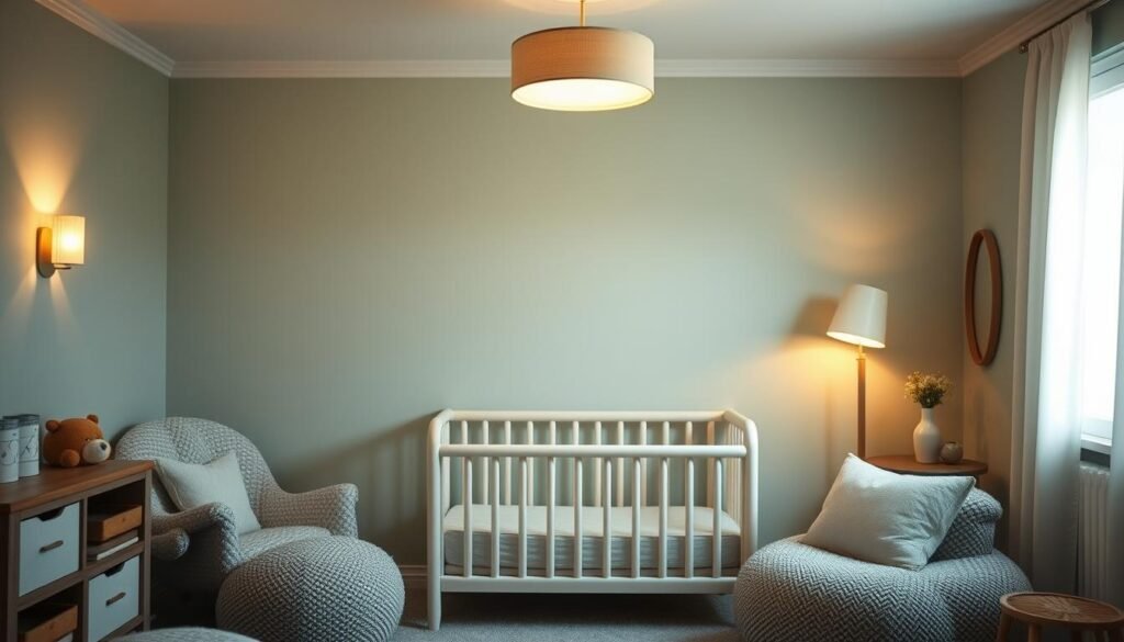 A cozy nursery with warm, soothing lighting that gently illuminates the space. Soft, diffused overhead lighting casts a comforting glow, while delicate wall sconces and a subtle floor lamp provide gentle accent lighting. The lighting fixtures have a natural, organic aesthetic that blends seamlessly with the room's calming color palette of muted greens, blues, and neutrals. Plush, textured furnishings and natural materials create a tranquil, nurturing atmosphere ideal for a baby's peaceful slumber.