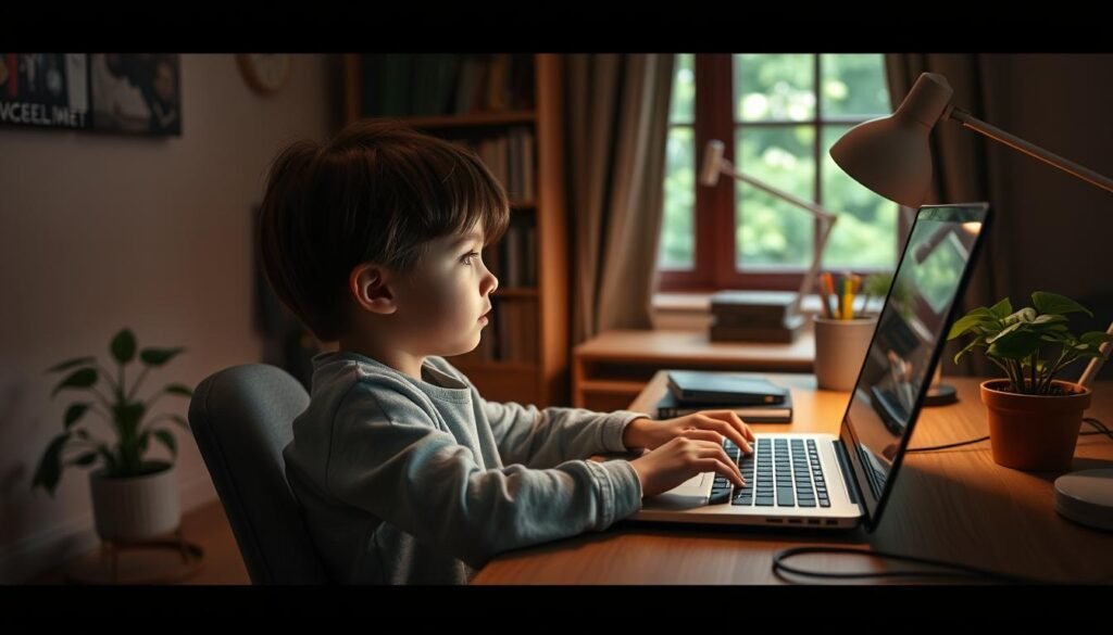 A cozy, peaceful home office setting with a child sitting at a desk, hands resting on a laptop keyboard, eyes focused intently on the screen. The desk is clutter-free, with a plant and a desk lamp providing soft, warm lighting. The room has earthy, muted tones, creating a calming atmosphere. The child is dressed comfortably, with a thoughtful expression, conveying the importance of setting healthy screen time limits. In the background, a bookshelf and a window with a view of a lush, green garden, suggesting a balance between technology and nature.