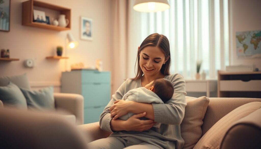 A cozy pediatric clinic interior, warm lighting illuminating a serene scene. A young mother tenderly cradles her infant, a tranquil expression on her face as she gazes down lovingly. Plush furniture, soothing pastel tones, and subtle medical accents create an inviting, family-friendly atmosphere. The room exudes a sense of comfort and safety, reflecting the pediatrician's thoughtful guidance on the benefits and safety considerations of co-sleeping. Subtle, natural textures and a calming color palette convey a nurturing, professional environment.