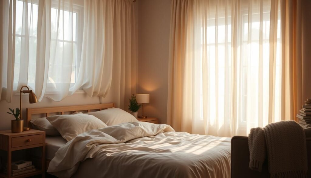 A cozy, sun-dappled bedroom in soft, warm tones. A plush, cloud-like mattress draped with a soft, linen duvet in a neutral palette. Sheer, flowing curtains billow gently, diffusing the afternoon light. A pair of small, nightstand lamps emit a gentle, amber glow, casting a soothing ambiance. In the corner, a comfortable armchair invites relaxation, with a plush, textured throw draped over the back. Minimal, carefully curated decor elements like a potted plant and a stack of children's books add gentle touches of nature and whimsy. The overall atmosphere is one of tranquility, comfort, and peaceful slumber.