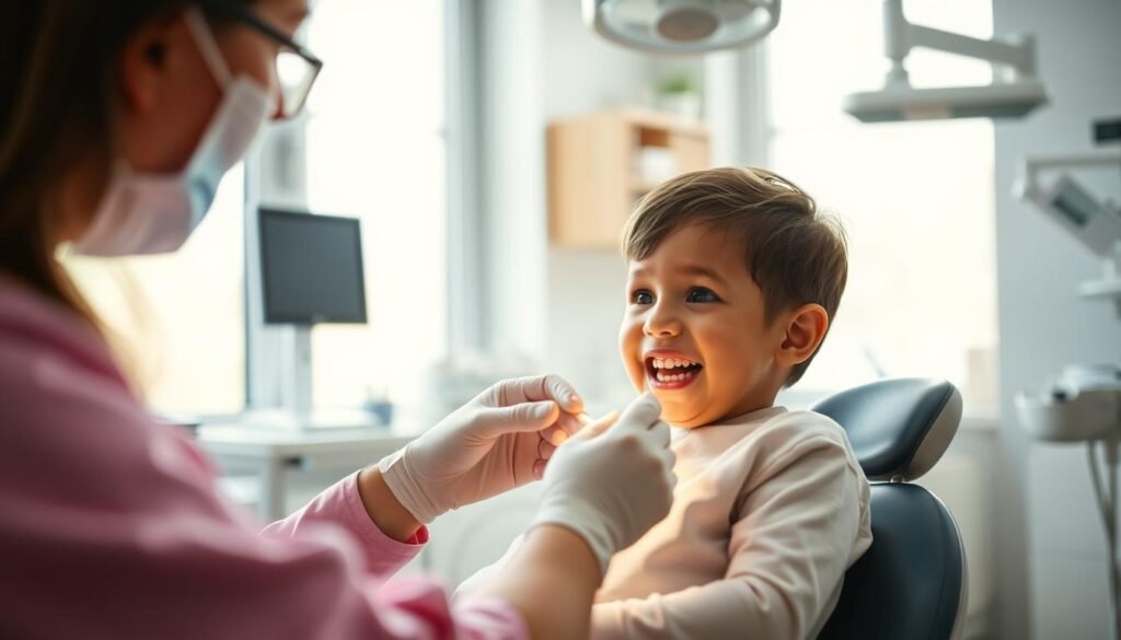 A cozy, well-lit dental office setting with a friendly dentist in the foreground, carefully examining a young child's teeth. The child is sitting comfortably in the dentist's chair, looking slightly apprehensive but reassured by the dentist's gentle demeanor. In the background, soft, natural lighting filters through large windows, creating a calming atmosphere. Medical equipment and tools are neatly organized, conveying a sense of professionalism and care. The scene captures the importance of seeking dental attention at the right time, ensuring the child's oral health and well-being.