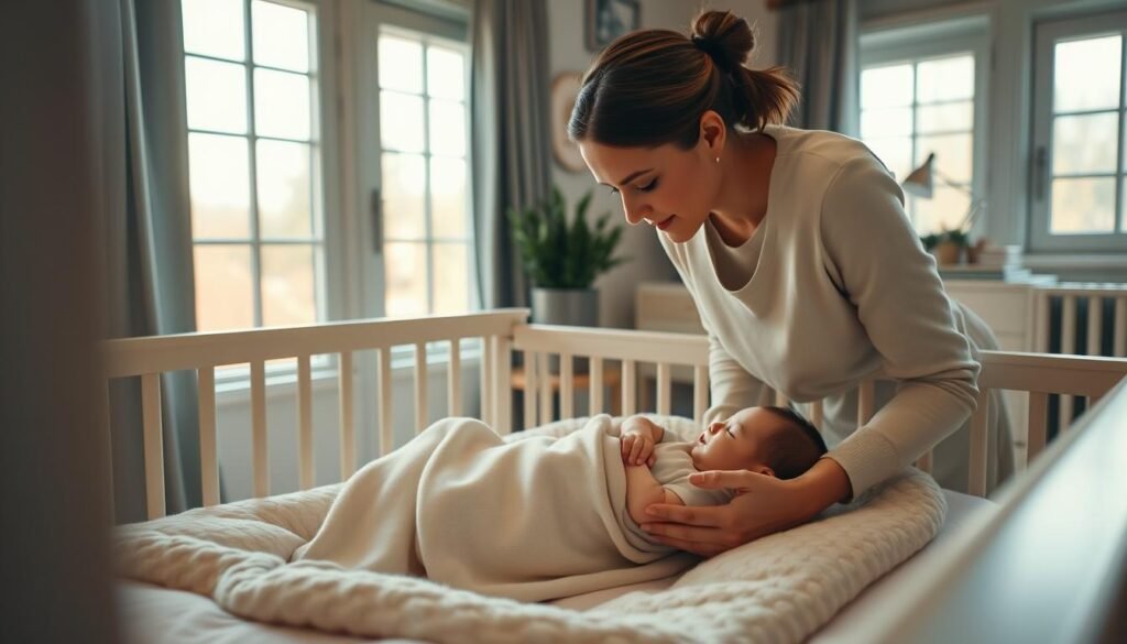 A cozy, well-lit nursery scene with a mother gently monitoring her sleeping infant's health. The baby lies peacefully in a plush crib, wrapped in a soft, organic cotton blanket. The mother, dressed in a comfortable yet stylish outfit, leans over the crib, carefully observing the baby's breathing and checking vital signs on a sleek, modern baby monitor. Warm, natural lighting filters in through large windows, casting a soothing glow over the scene. The room is adorned with subtle, nature-inspired decor, reflecting the importance of nurturing the child's well-being. An atmosphere of calm, attentive care permeates the space, capturing the essence of a mother's dedication to her baby's healthy sleep and development.