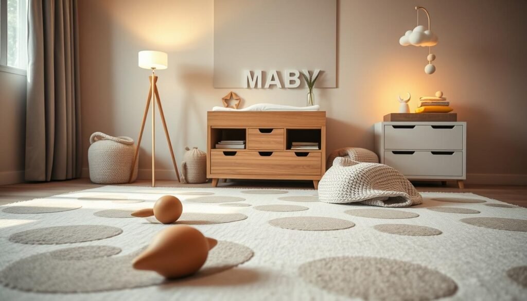 A cozy, well-lit nursery scene with an array of soothing, thoughtfully-designed baby accessories. In the foreground, a plush, neutral-toned play mat with organic shapes and textures invites exploration. Beside it, a minimalist wooden rattle and a soft, knitted baby blanket in a muted color palette. In the middle ground, a modern, adjustable floor lamp casts a warm, gentle glow, illuminating a sleek, natural-wood changing table with discreet storage compartments. In the background, a neutral-toned accent wall showcases an artfully arranged collection of baby books, a diffuser emitting calming aromas, and a serene, cloud-patterned mobile gently swaying overhead, creating a harmonious, relaxing ambiance.