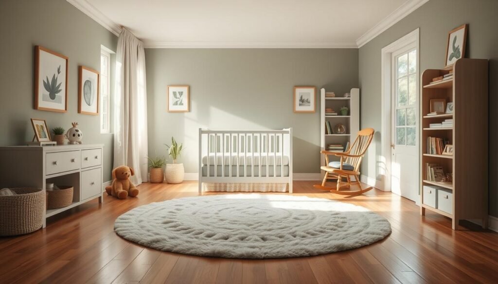 A cozy, well-lit nursery with a plush, oval rug in the center of the hardwood floor. A white wooden crib with delicate lace trim stands against the far wall, flanked by two tall, narrow windows letting in soft natural light. A wooden rocking chair sits nearby, inviting relaxation. The walls are painted a calming shade of sage green, accented by framed nature-inspired artwork. A tall, narrow bookshelf stands in the corner, filled with children's books and soothing white noise machines. The overall atmosphere is one of tranquility and comfort, creating an ideal environment for a peaceful baby's sleep.