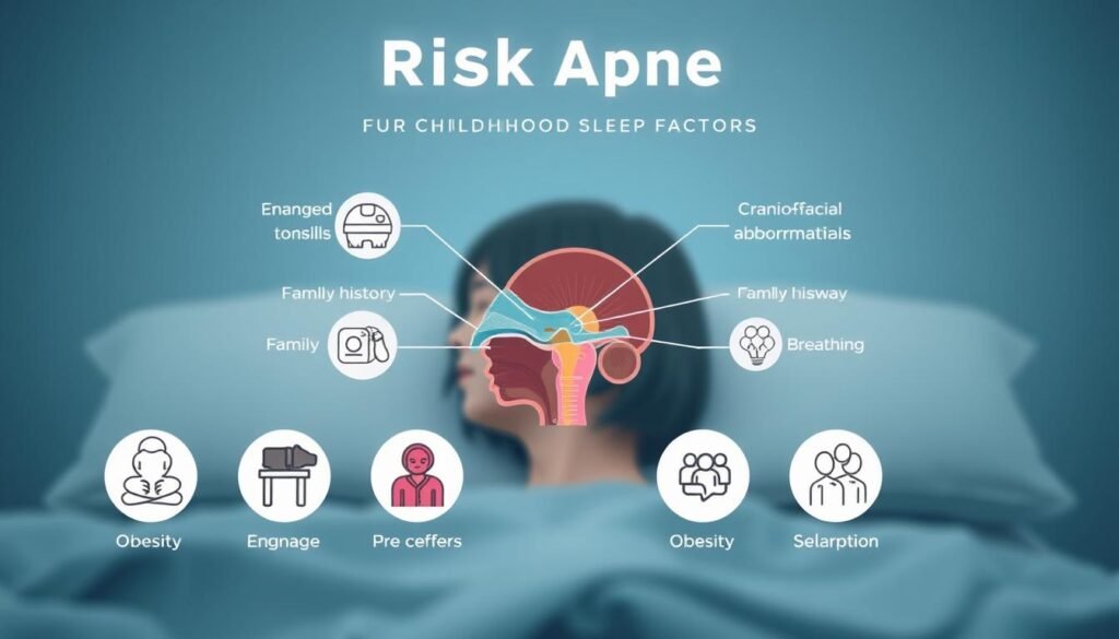 A detailed illustration of the key risk factors for childhood sleep apnea, depicted in a realistic and scientific manner. The foreground shows a series of icons representing common risk factors such as obesity, enlarged tonsils, craniofacial abnormalities, and family history. The middle ground features a cross-section of the upper airway, highlighting the anatomical changes that contribute to obstructed breathing. The background has a subtle gradient in calming blues and grays, conveying a sense of clinical authority. Crisp, high-resolution details throughout, with natural lighting and a shallow depth of field to focus the viewer's attention.