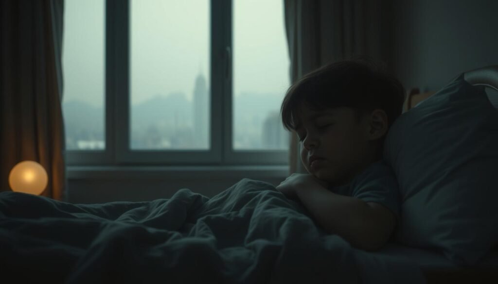 A dimly lit bedroom, a child sleeping restlessly, tossing and turning, their face etched with distress. In the background, a window frames a world outside shrouded in uncertainty, the cityscape muted and hazy, reflecting the unsettling atmosphere of the pandemic. Soft, muted colors predominate, creating a somber, melancholic mood. The lighting is subtle, with shadows and highlights accentuating the child's troubled expression. A sense of isolation and disruption permeates the scene, capturing the impact of the pandemic on the child's sleep and well-being.