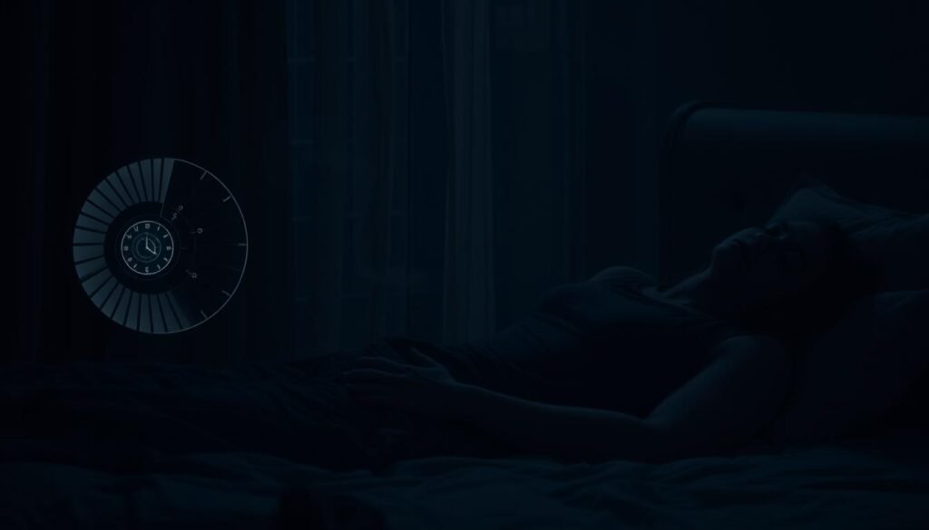 A dimly lit bedroom at night, the curtains drawn, casting a soft, muted glow. On the bed, a person lies sleeping, their face obscured by shadows. Surrounding them, symbols and visual representations of the different stages of sleep regression - a spiral graph depicting the cycles of light and deep sleep, a clock with the hands moving erratically, and wisps of smoke or mist drifting across the scene, symbolizing the disruption of the natural sleep patterns. The overall atmosphere is one of introspection and contemplation, inviting the viewer to explore the complexities of the sleep regression process.