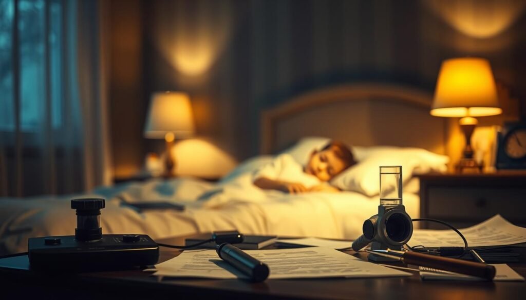 A dimly lit bedroom at night, with a child sleeping peacefully in bed. Soft, warm lighting from a bedside lamp casts a gentle glow, creating a serene and calming atmosphere. In the foreground, scientific instruments and papers are scattered on a desk, hinting at an ongoing study of the effects of light on sleep. The background is slightly blurred, drawing the viewer's focus to the sleeping child and the research materials. The overall mood is one of tranquility and scientific inquiry, capturing the essence of the "Estudo sobre a influência da luz no sono das crianças" section.
