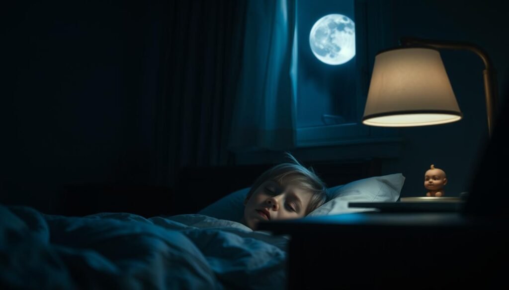 A dimly lit bedroom at night, with a sleeping child illuminated by the soft glow of a bedside lamp. The room is filled with a sense of unease, as shadows creep along the walls. In the foreground, a pair of tired eyes reflect the disruptive effects of the nighttime light, hinting at the potential for restless sleep and disrupted circadian rhythms. The background features a window, letting in a sliver of moonlight that casts an eerie pallor over the scene. The overall atmosphere conveys the potential drawbacks of nighttime illumination, suggesting the need for a more sleep-friendly environment.