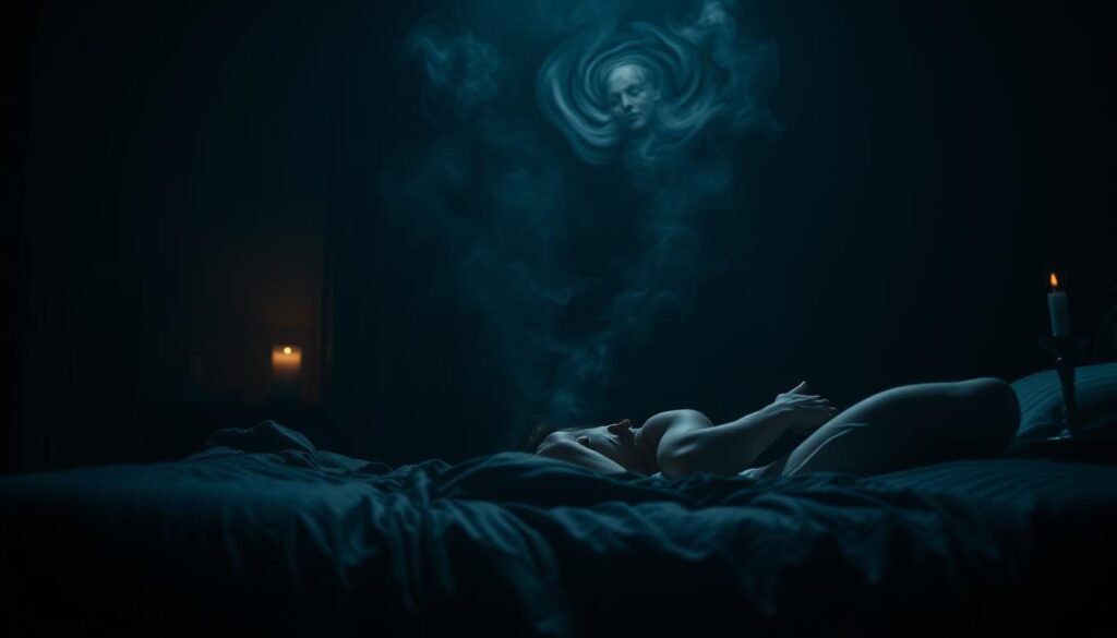 A dimly lit bedroom, shadows casting an ominous atmosphere. In the foreground, a sleeping figure thrashes and writhes, tormented by unseen forces. Swirling mists and distorted shapes loom in the middle ground, hinting at the supernatural origins of the night terror. The background fades into an inky blackness, accentuating the isolation and vulnerability of the sleeper. Soft, flickering candlelight casts an eerie glow, creating a sense of unease. The scene is captured with a cinematic, low-angle lens, emphasizing the helplessness of the subject. An unsettling, dreamlike quality permeates the image, reflecting the disorienting nature of the night terror experience.
