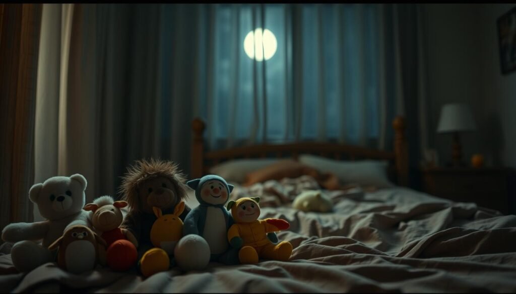 A dimly lit bedroom, soft moonlight filtering through the curtains. In the foreground, a collection of plush, whimsical toys - stuffed animals, puppets, and dolls - arranged in a cozy, inviting manner. The middle ground features a child's bed, rumpled sheets and a cozy quilt, hinting at the restlessness that can come from playing with toys before bedtime. The background is blurred, emphasizing the intimate, soothing atmosphere. Warm, earthy tones predominate, creating a calming, drowsy mood. The overall scene evokes the idea of toys that may disrupt a child's sleep, rather than lull them into peaceful slumber.