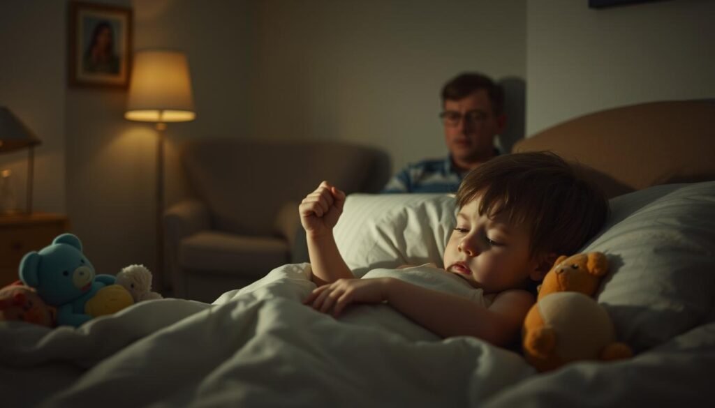 A dimly lit bedroom, with soft, warm lighting casting gentle shadows. A young child, tossing and turning restlessly in bed, their brow furrowed in frustration. Plush toys and a cozy comforter surround them, but sleep eludes their grasp. In the background, a parent sits in a chair, watching over the child with a worried expression, ready to provide comfort and support. The atmosphere is one of gentle concern, as the scene captures the challenges of a young child struggling to find the peace and rest they so desperately need.
