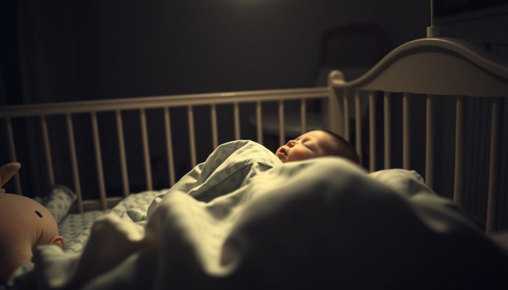 A dimly lit nursery scene, with a baby peacefully sleeping in a crib. The baby's face is partially obscured by soft, patterned bedding, suggesting a disrupted, fragmented sleep. The lighting is muted, with warm tones and long shadows, creating a sense of tranquility and unease. In the background, subtle details like a mobile or a rocking chair hint at the soothing elements of the room, while also alluding to the challenges of maintaining a consistent sleep routine. The overall composition conveys the nuanced and complex nature of "sinais de sono picado" (interrupted sleep patterns) in infants.