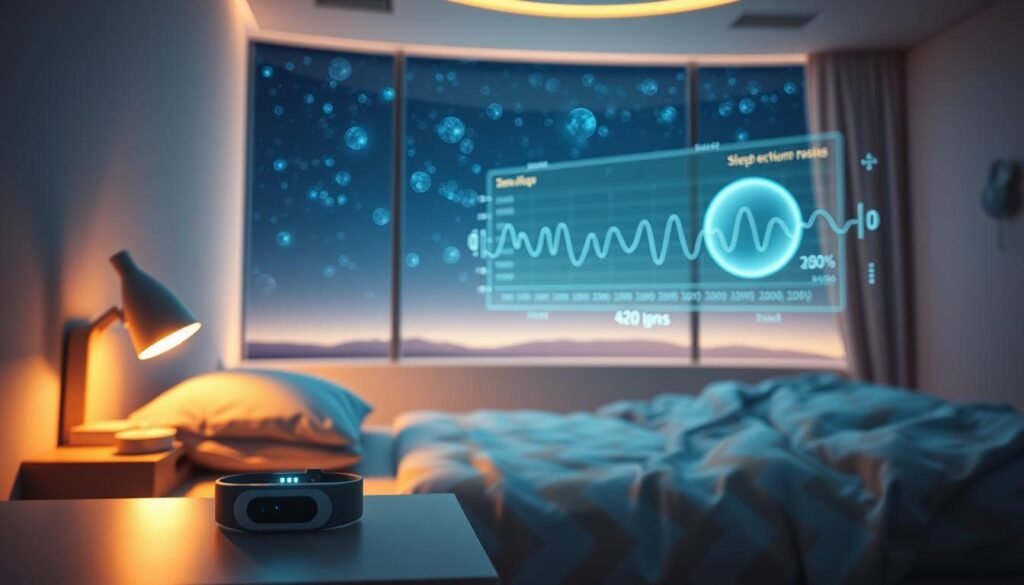 A futuristic scene of a child's bedroom, featuring a variety of advanced sleep monitoring devices. In the foreground, a sleek, minimalist wearable device rests on a nightstand, its subtle lights indicating real-time sleep data. In the middle ground, a floating holographic display projects detailed sleep cycle analysis, bathing the room in a soft, calming glow. The background showcases a panoramic window, revealing a serene, starry night sky, creating a sense of tranquility and wonder. The lighting is a harmonious blend of warm and cool tones, accentuating the technological elements while maintaining a soothing, natural ambiance. The overall composition evokes a sense of innovation, personal wellness, and the seamless integration of technology into a child's sleep environment.
