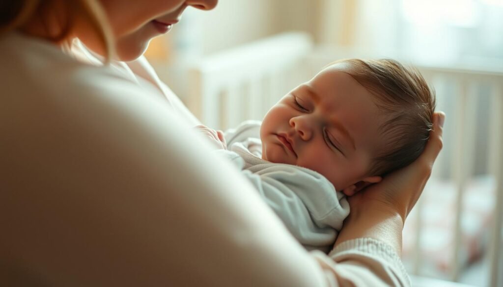 A peaceful and serene scene of a sleeping baby comfortably nestled in the arms of a loving caregiver, illuminated by soft, warm lighting. In the foreground, the caregiver's gentle embrace cradles the child, conveying a sense of security and comfort. In the middle ground, the baby's peaceful expression and relaxed posture suggest the calming effects of the "colo" (or holding) method. The background features a tranquil, cozy environment, perhaps a nursery or bedroom, creating an atmosphere of tranquility and rest. The overall mood is one of tenderness, relaxation, and the innate benefits of the "colo" approach to help the baby sleep soundly.