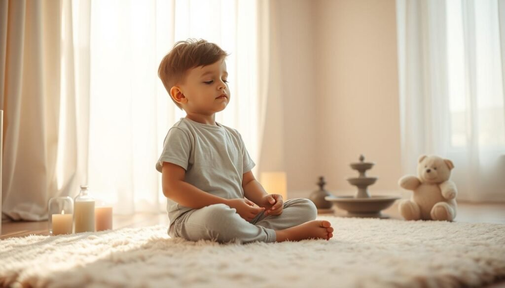 A peaceful and serene scene of a young child engaging in relaxation techniques. In the foreground, the child sits cross-legged on a soft, plush rug, their eyes closed in deep concentration. Gentle sunlight filters through sheer curtains, casting a warm, calming glow. In the middle ground, an array of soothing objects - scented candles, a small fountain, and a soft stuffed animal - create a tranquil atmosphere. The background features a simple, minimalist room with neutral tones, promoting a sense of tranquility. The overall mood is one of serenity, relaxation, and mindfulness, reflecting the importance of maintaining a calm state for a child's better sleep during travels.