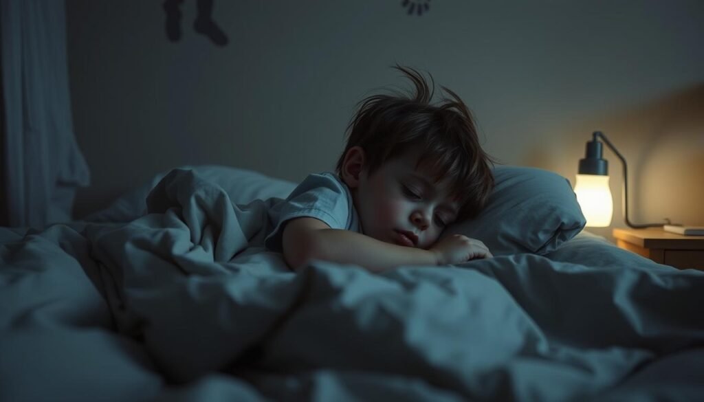 A peaceful bedroom scene with a child sleeping soundly, surrounded by subtle visual cues of potential sleep disturbances. In the foreground, a restless child tossing and turning, with tousled bedding and a troubled expression. In the middle ground, a nightlight casts a soft glow, hinting at difficulty falling asleep. In the background, shadowy figures or shapes suggest the presence of sleep-disrupting factors, such as noises or environmental distractions. The lighting is soft and muted, creating a serene yet slightly unsettling atmosphere. The overall composition conveys the nuanced challenges of childhood sleep disorders.