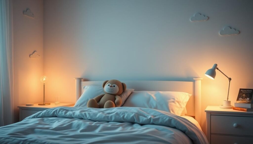 A peaceful bedroom setting with a child's bed, soft lighting, and calming colors. The bed is neatly made with plush bedding and a cuddly stuffed animal. On the nightstand, a glass of water and a book. The walls feature delicate wall decor, like dreamy cloud patterns or nature-inspired artwork. A gentle, warm glow illuminates the space, creating a cozy, soothing atmosphere. The room's layout and design elements encourage relaxation and restful sleep, reflecting the ideal sleep routine for a child.