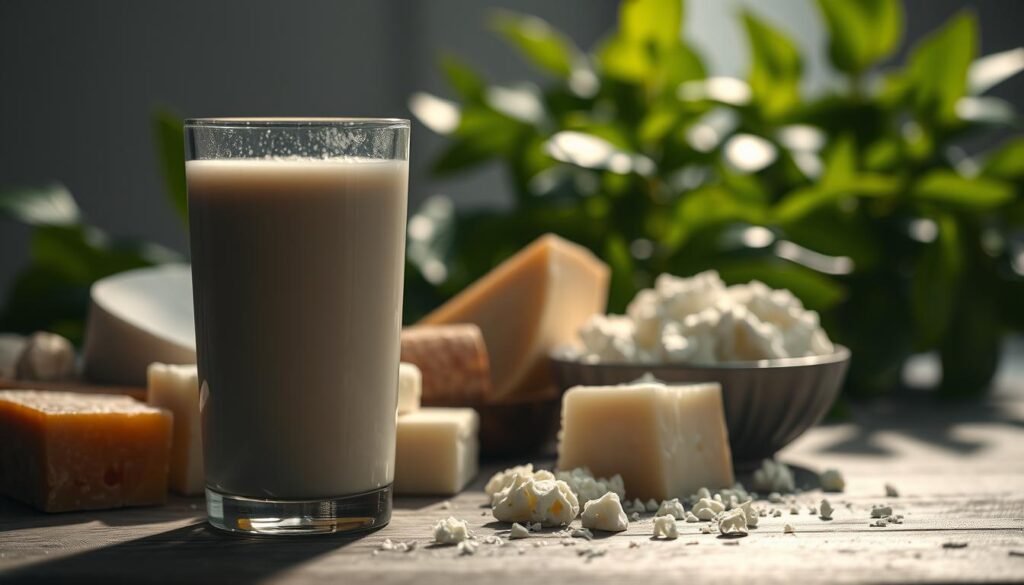 A peaceful, dimly lit dairy product still life. In the foreground, a glass of warm milk, soft shadows playing across its surface. Surrounding it, an assortment of creamy cheeses, their textures and shapes defined by gentle highlights. In the middle ground, a bowl of cottage cheese, its cool, smooth appearance a soothing contrast. In the background, a blur of lush, verdant plants, their leaves casting a calming, natural ambiance. Soft, diffused lighting illuminates the scene, creating a serene, relaxing atmosphere. The overall composition evokes a sense of tranquility and rest, inviting the viewer to imagine the restorative properties of these dairy products before bedtime.
