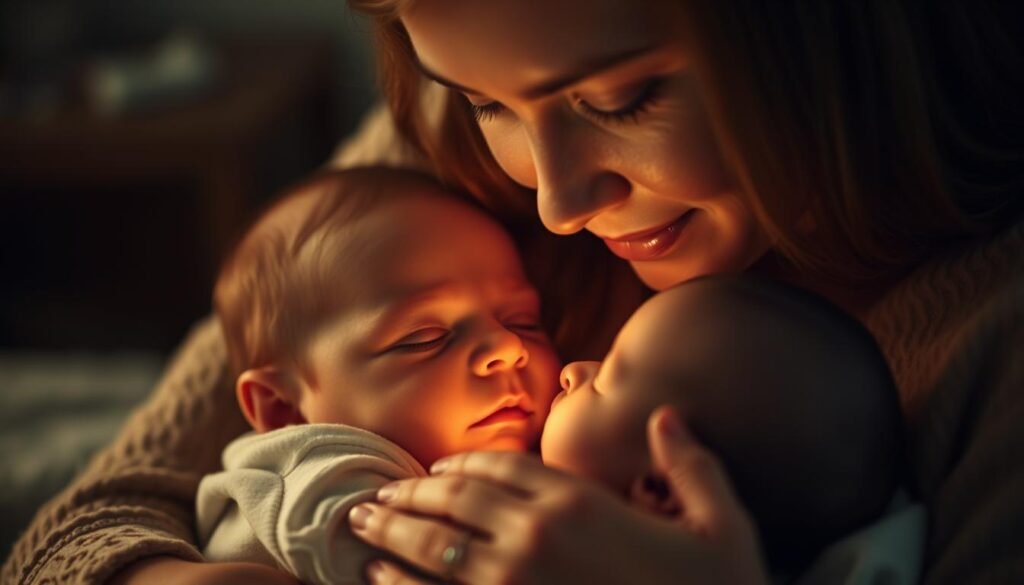 A peaceful, intimate scene of a mother breastfeeding her sleeping infant. The pair are bathed in soft, warm lighting, creating a cozy, tranquil atmosphere. The mother's gentle gaze is filled with love and tenderness as she cradles the baby, their connection palpable. The infant's face is serene, their tiny features relaxed in peaceful slumber. The background is blurred, drawing the viewer's focus to the intimate mother-child interaction. Subtle details, such as the mother's soothing hand caressing the baby's cheek, convey the calming impact of this nurturing act on the infant's sleep.