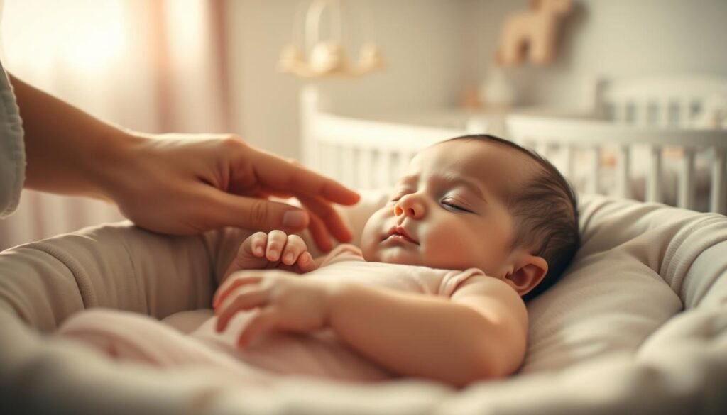 A peaceful, intimate scene showcasing the subtle signs of a baby's sleepiness. In the foreground, a drowsy infant nestled in a soft, cozy bassinet, eyes growing heavy, hands gently curling inward. Soft, diffused lighting casts a warm, comforting glow, highlighting the delicate features and serene expression. In the middle ground, a parent's hand tenderly caresses the baby's cheek, responding to the emerging sleep cues. The background is a tranquil, pastel-hued nursery, with subtle, calming details like a mobile or plush toy to create an atmosphere of rest and relaxation. Captured with a shallow depth of field, the image focuses on the intimate connection between parent and child during this precious moment of pre-slumber.